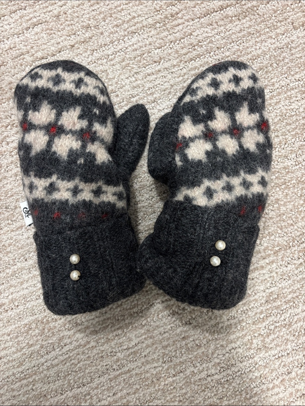 Wool Knit Fair Isle Mittens with Pearl Buttons